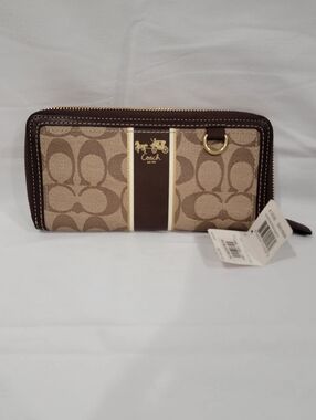 Coach Signature Canvas Zip Wallet in Brown and Tan